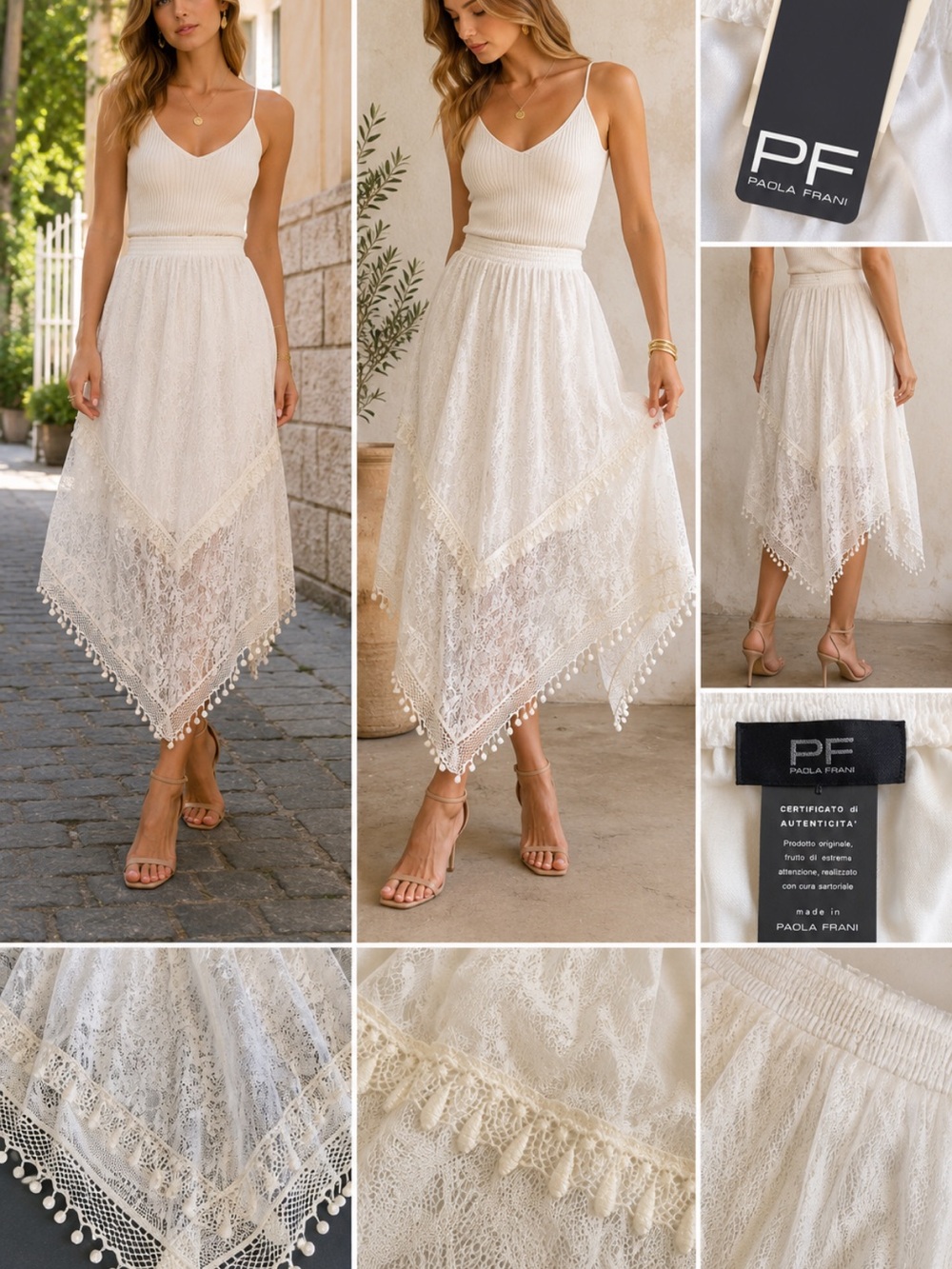 NWT Paola Frani Italian Lace Handkerchief Hem Midi Skirt Ivory US 8 Designer